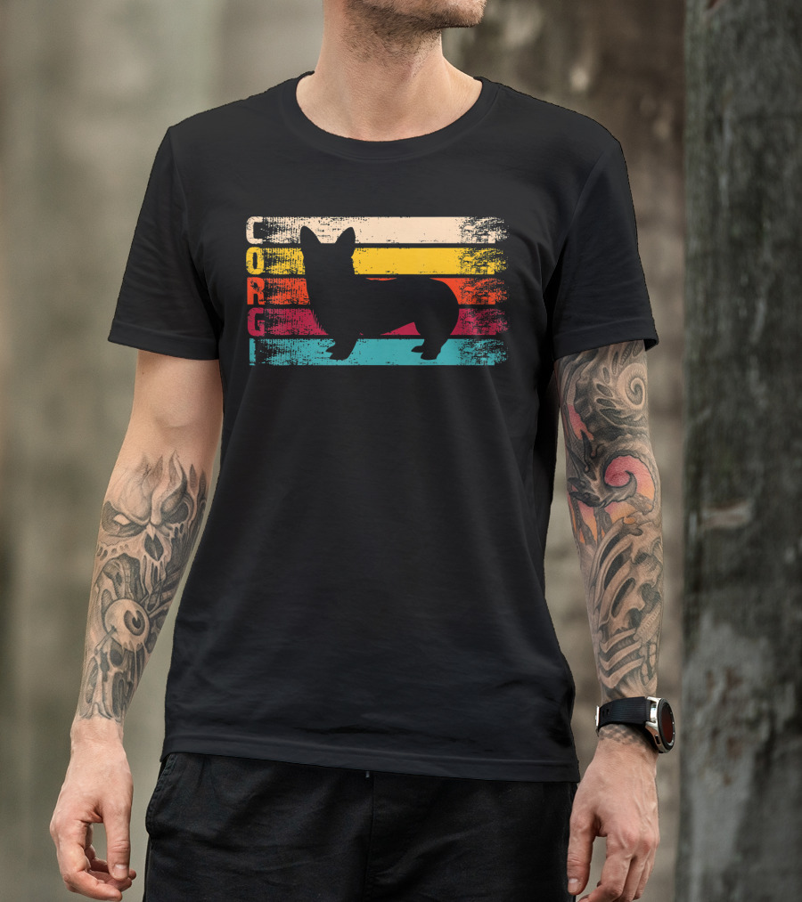 Distressed Vintage Corgi Silhouette Retro Stripes T-Shirt