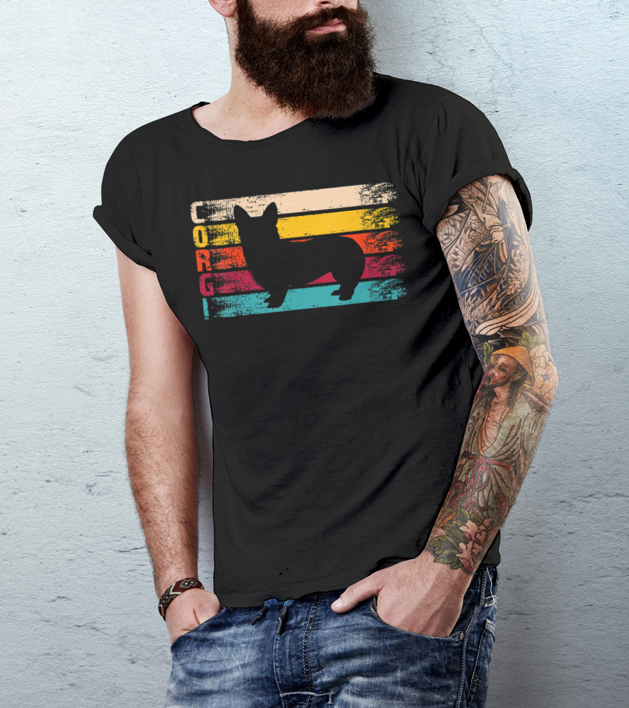 Distressed Vintage Corgi Silhouette Retro Stripes T-Shirt
