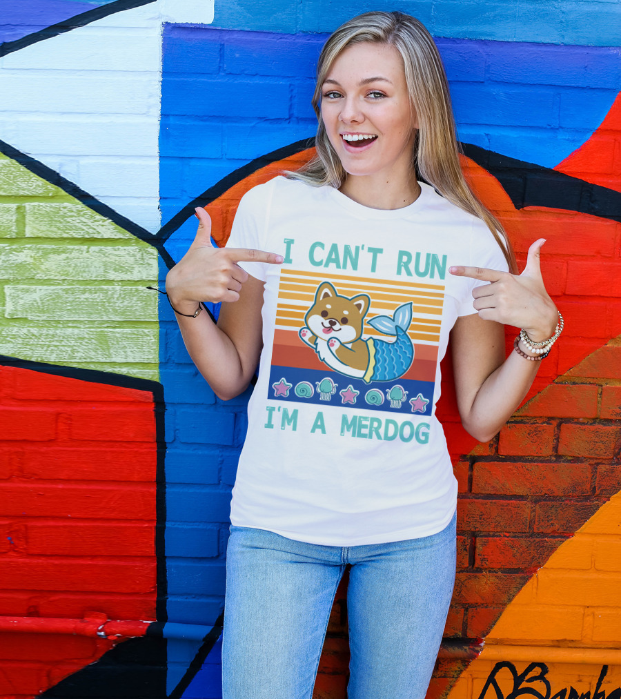 Mermaid Corgi I Can't Run I'm A Merdog With Starfish And Seashells T-Shirt