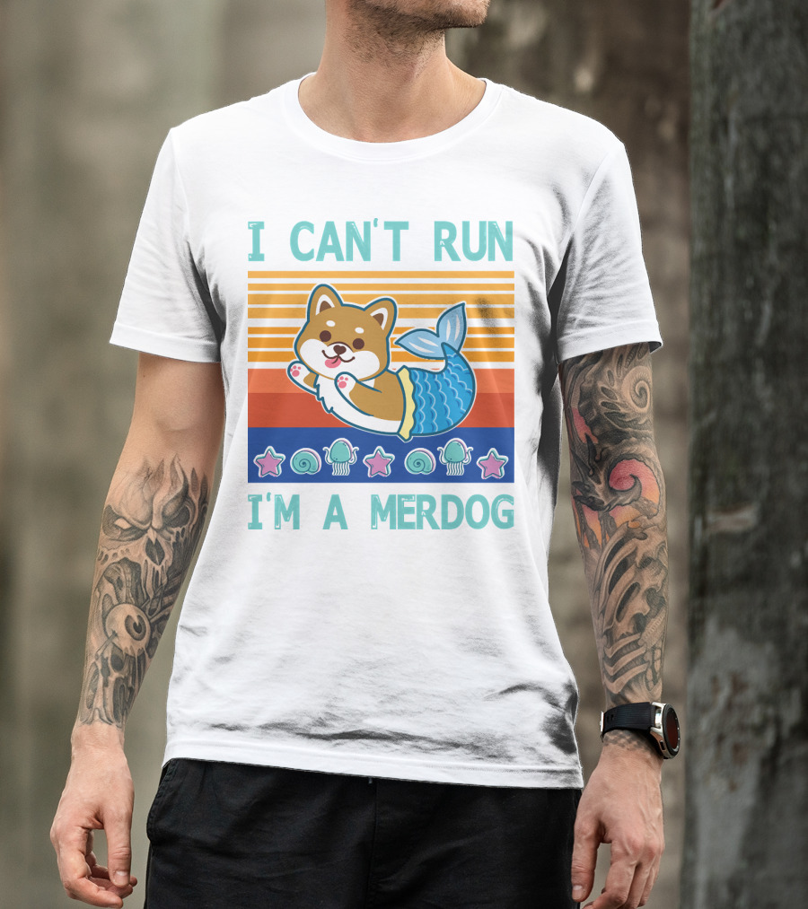 Mermaid Corgi I Can't Run I'm A Merdog With Starfish And Seashells T-Shirt