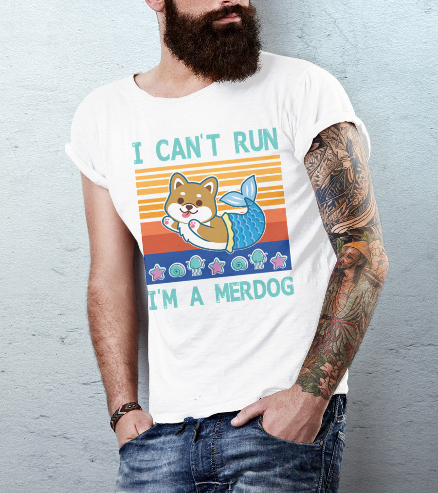 Mermaid Corgi I Can't Run I'm A Merdog With Starfish And Seashells T-Shirt