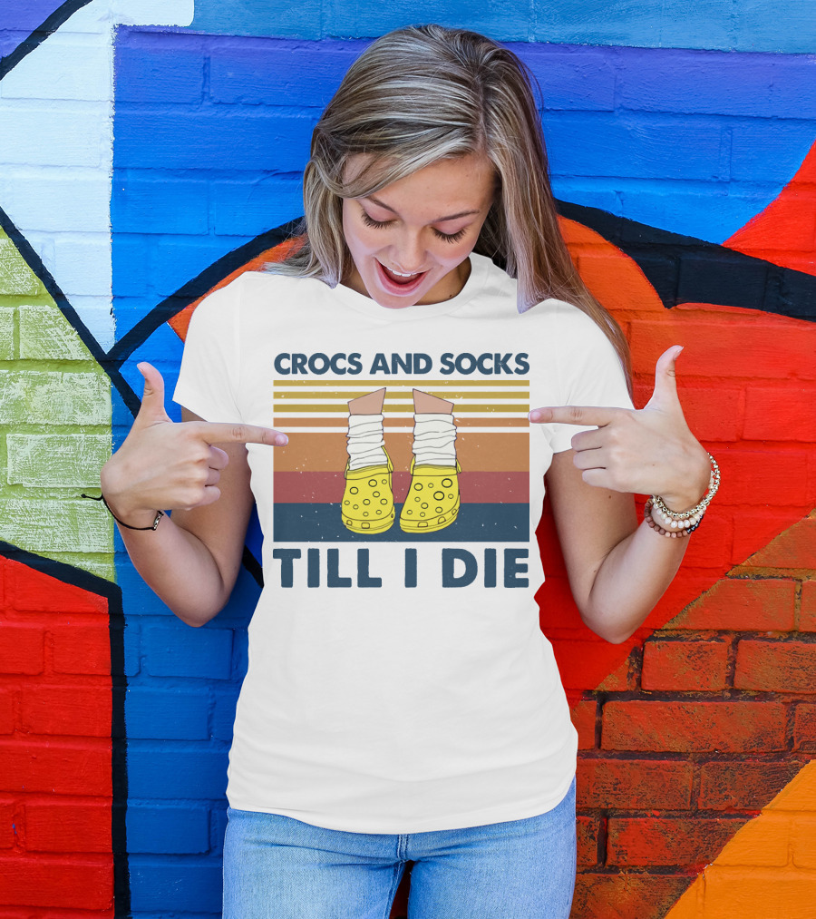 Crocs And Socks Till I Die Yellow Footwear Retro Stripes T-Shirt