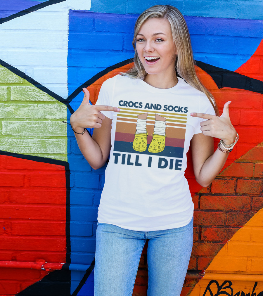 Crocs And Socks Till I Die Yellow Footwear Retro Stripes T-Shirt