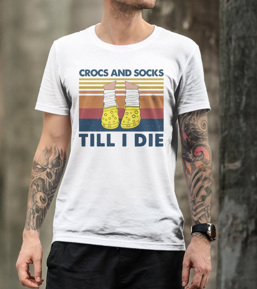 Crocs And Socks Till I Die Yellow Footwear Retro Stripes T-Shirt