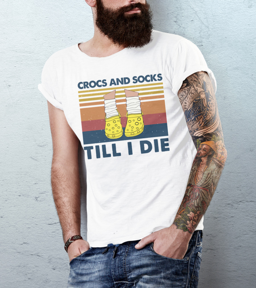 Crocs And Socks Till I Die Yellow Footwear Retro Stripes T-Shirt
