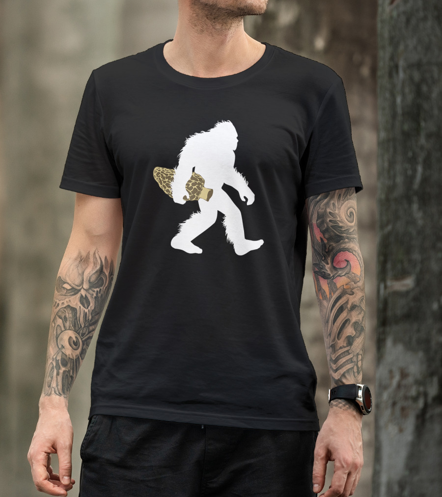 Bigfoot Silhouette Carrying Morel Mushroom T-Shirt