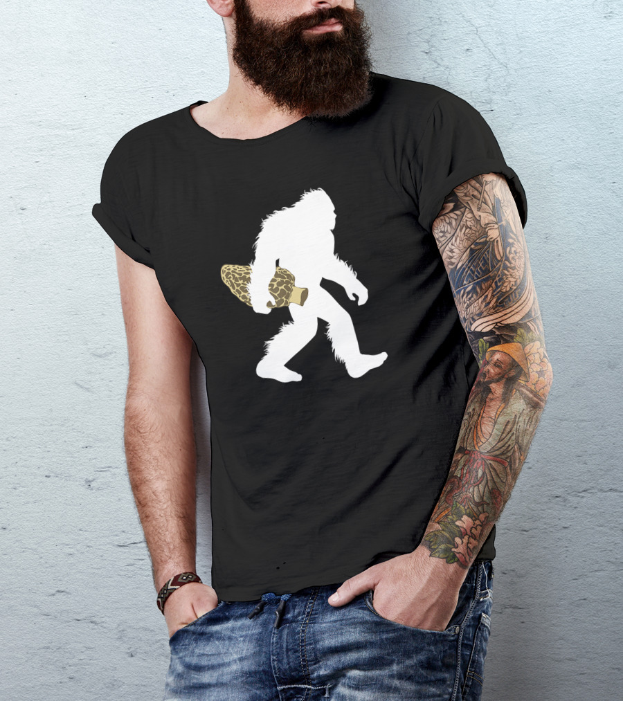 Bigfoot Silhouette Carrying Morel Mushroom T-Shirt