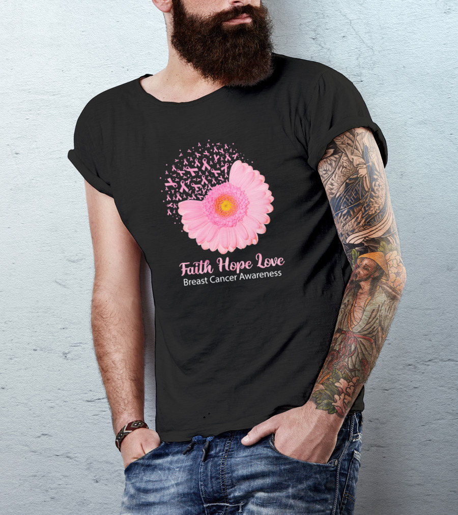 Faith Hope Love Pink Ribbon Florals Breast Cancer Awareness T-Shirt