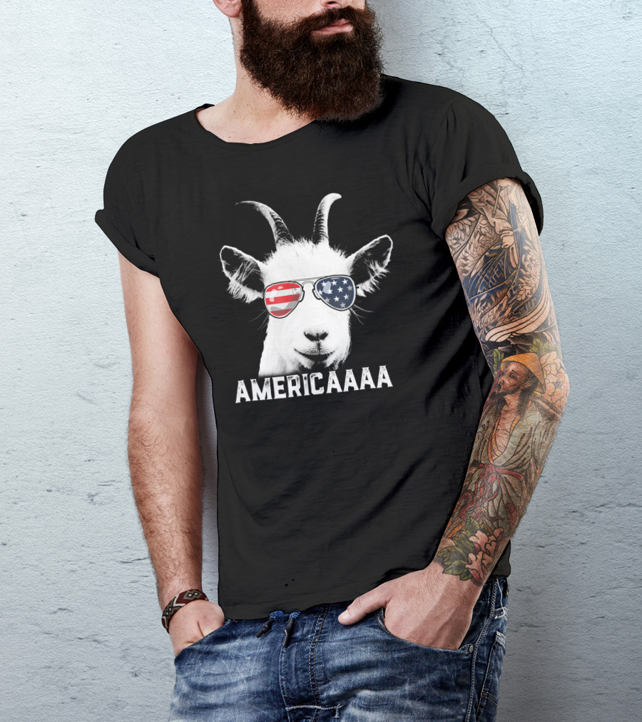 AMERICAAAA Patriotic Goat USA Flag Sunglasses Independence Day T-Shirt