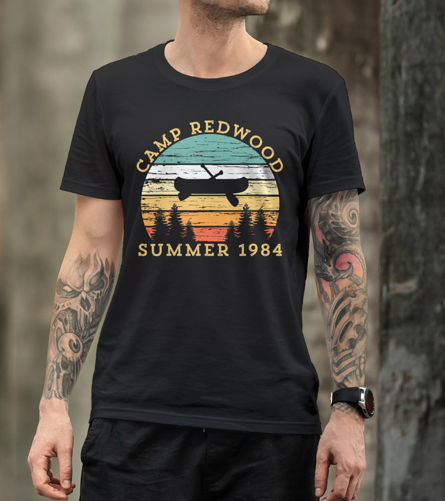Camp Redwood Summer 1984 Retro Vintage Canoe And Trees T-Shirt