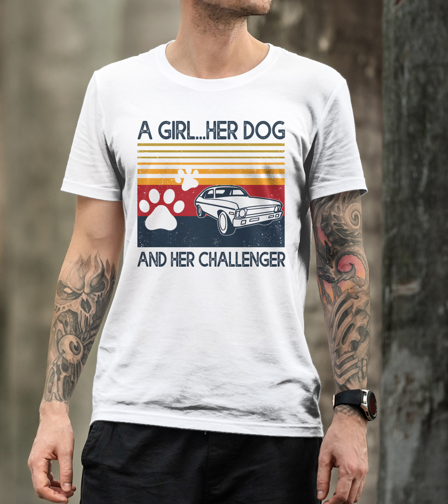 A Girl Her Dog And Her Challenger Vintage Car With Paw Prints T-Shirt