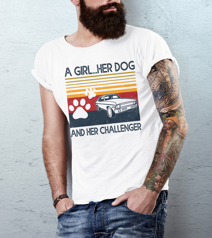 A Girl Her Dog And Her Challenger Vintage Car With Paw Prints T-Shirt
