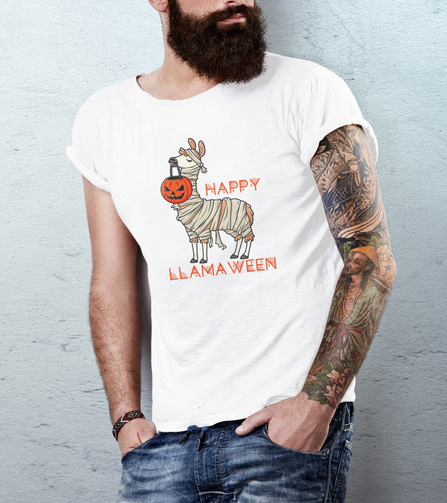 Happy Llamaween Halloween Llama Holding Pumpkin T-Shirt