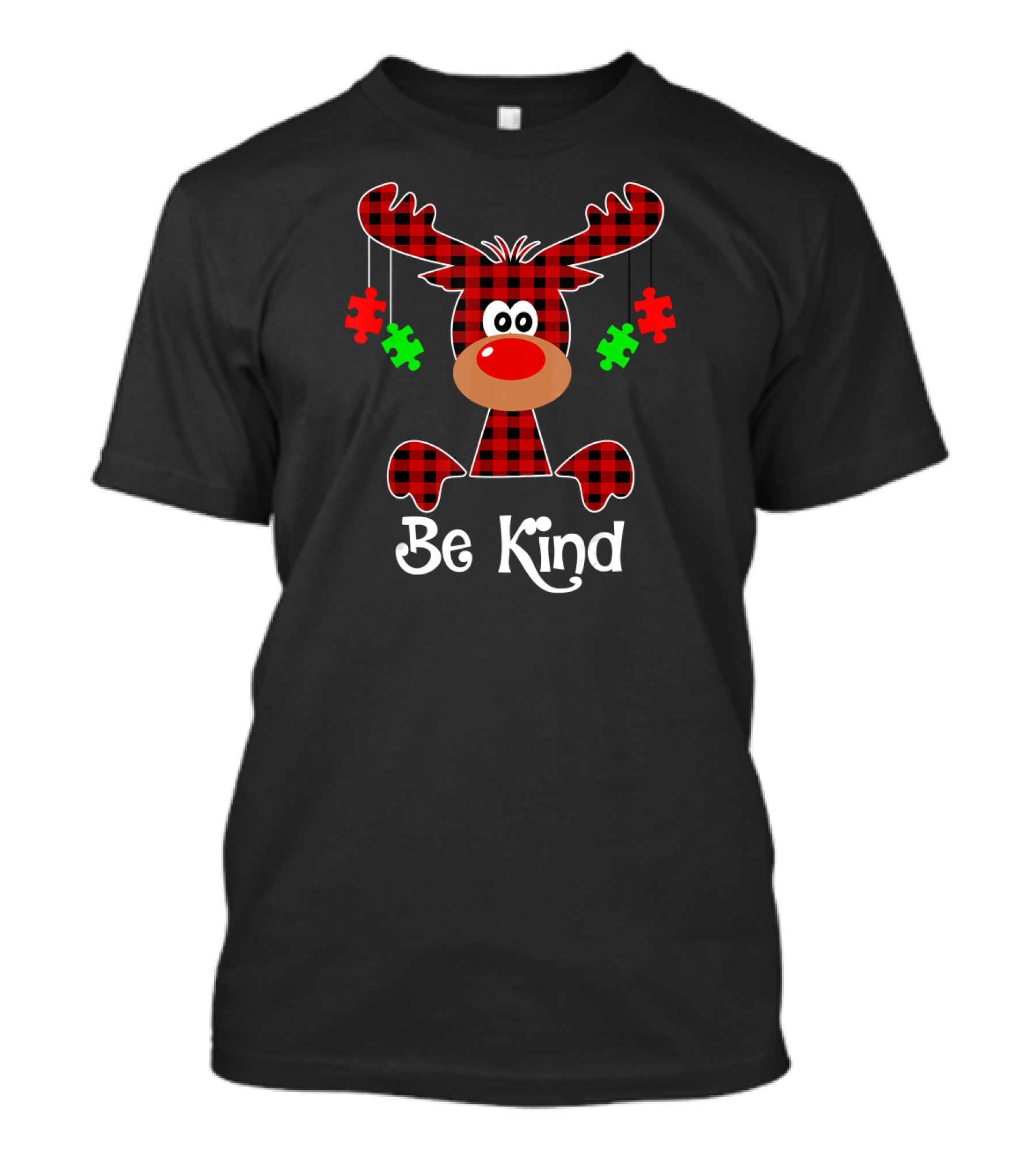 Be Kind Red Plaid Reindeer With Green Puzzle Pieces T-Shirt