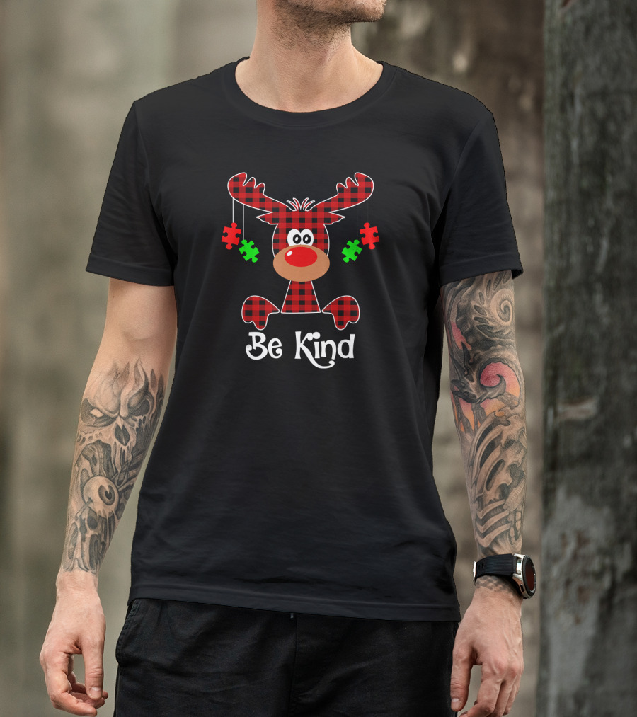 Be Kind Red Plaid Reindeer With Green Puzzle Pieces T-Shirt