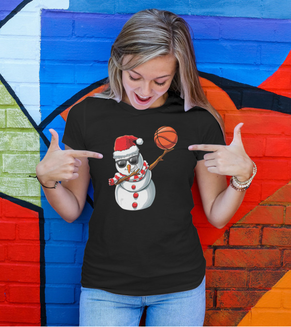 Christmas Snowman Dabbing Basketball Santa Scarf Glasses T-Shirt