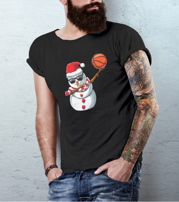 Christmas Snowman Dabbing Basketball Santa Scarf Glasses T-Shirt