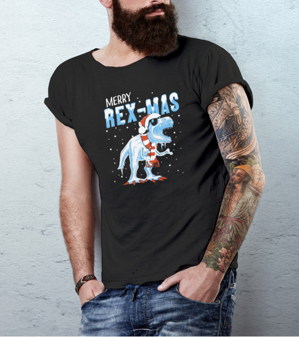 Merry Rexmas Christmas Dinosaur Wearing Santa Hat And Scarf T-Shirt