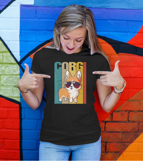 Corgi With Sunglasses Retro Stripes T-Shirt