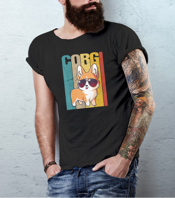 Corgi With Sunglasses Retro Stripes T-Shirt
