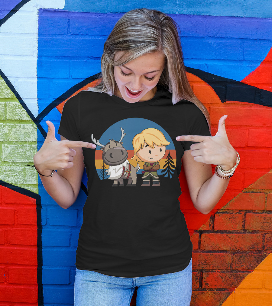 Frozen 2 Chibi Sven And Kristoff Retro Sunset Scene T-Shirt