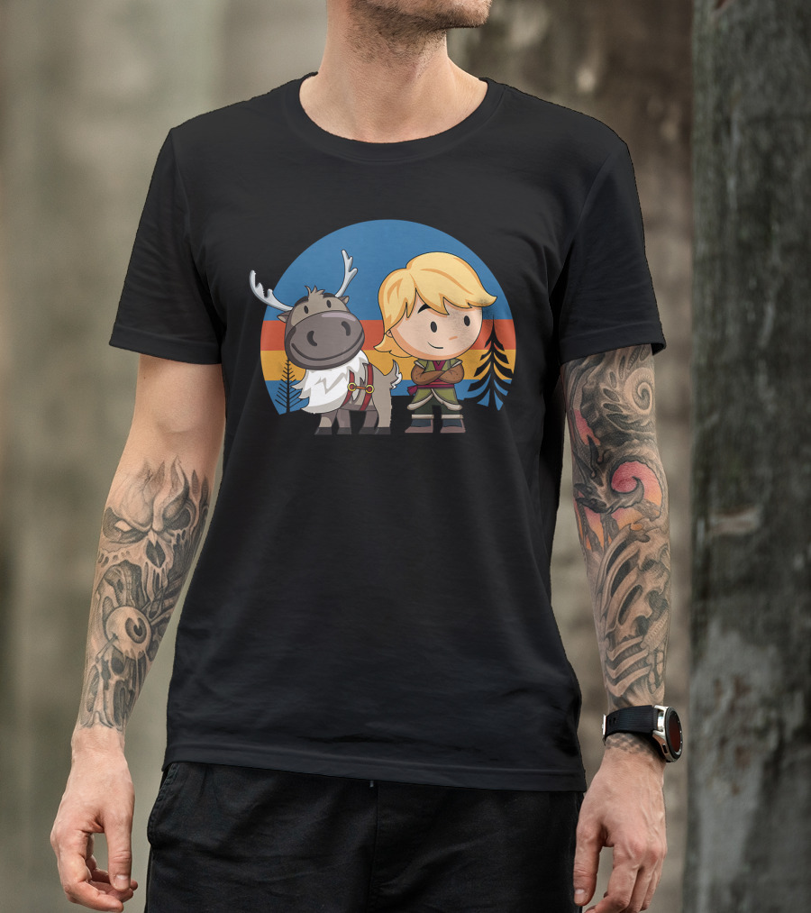 Frozen 2 Chibi Sven And Kristoff Retro Sunset Scene T-Shirt