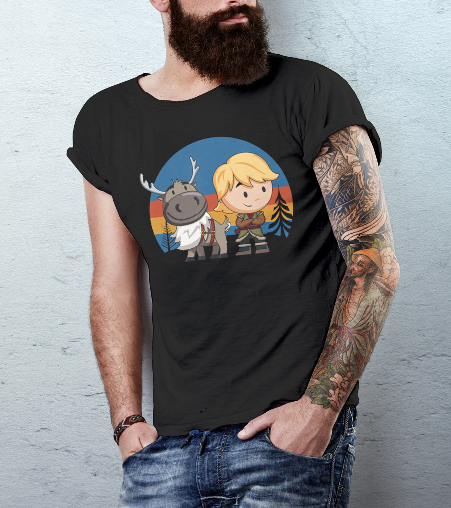 Frozen 2 Chibi Sven And Kristoff Retro Sunset Scene T-Shirt