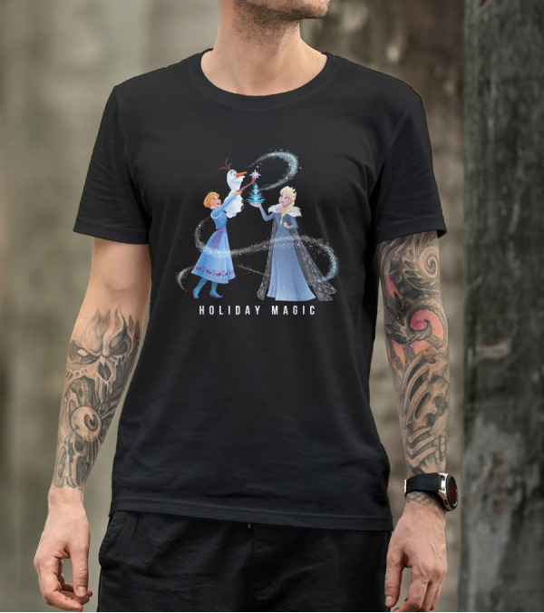 Disney Frozen Elsa Anna Olaf Holiday Magic Sparkling Winter Scene T-Shirt