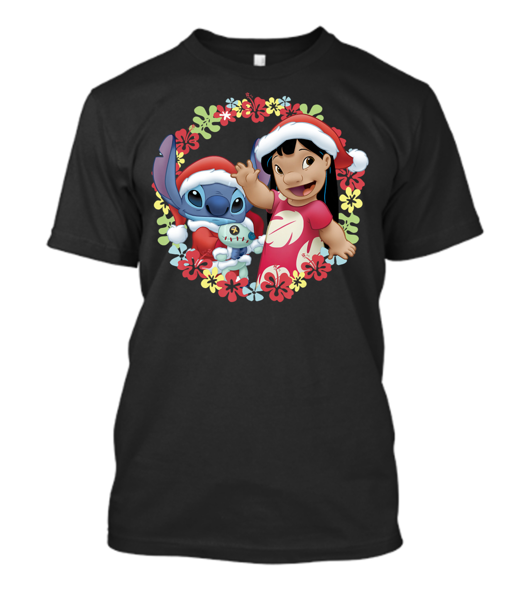 Disney Lilo And Stitch Christmas Santa Hats Hawaiian Flower Wreath T-Shirt
