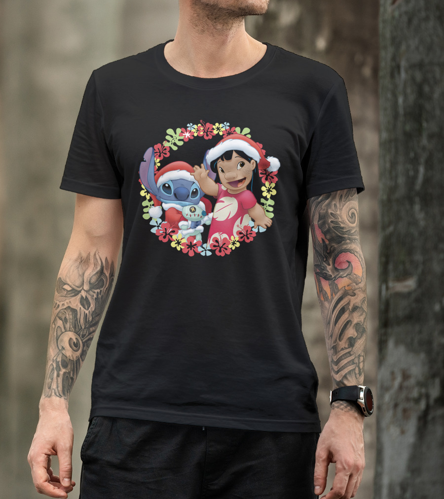 Disney Lilo And Stitch Christmas Santa Hats Hawaiian Flower Wreath T-Shirt
