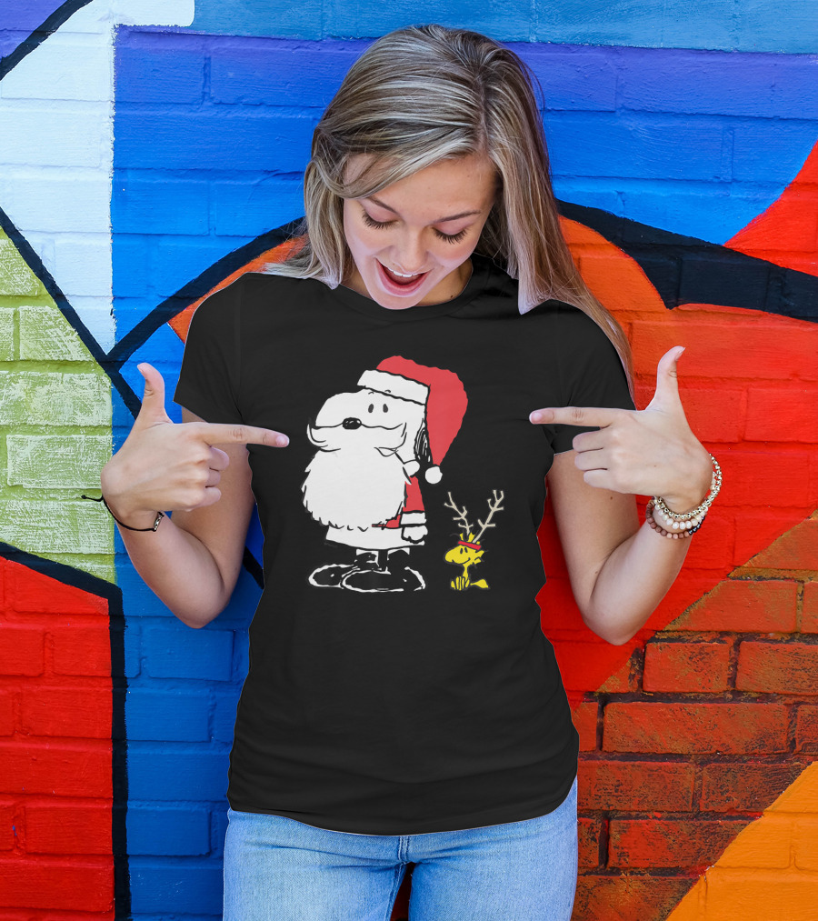 Peanuts Snoopy And Woodstock In Santa And Antlers Holiday Shop T-Shirt