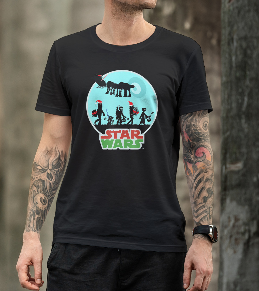 Star Wars Holiday Characters With Santa Hats And Death Star T-Shirt