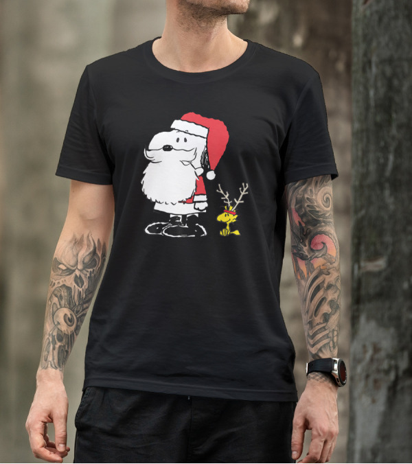 Snoopy Santa With Woodstock Antlers Peanuts Holiday T-Shirt