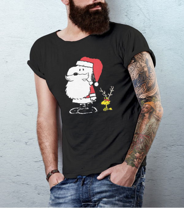 Snoopy Santa With Woodstock Antlers Peanuts Holiday T-Shirt