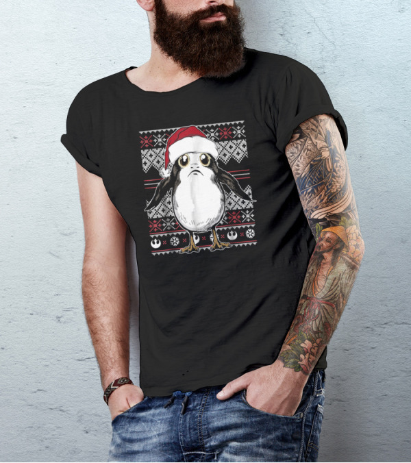 Star Wars Porg Santa Hat Christmas Sweater Pattern Rebel Alliance Snowflakes T-Shirt
