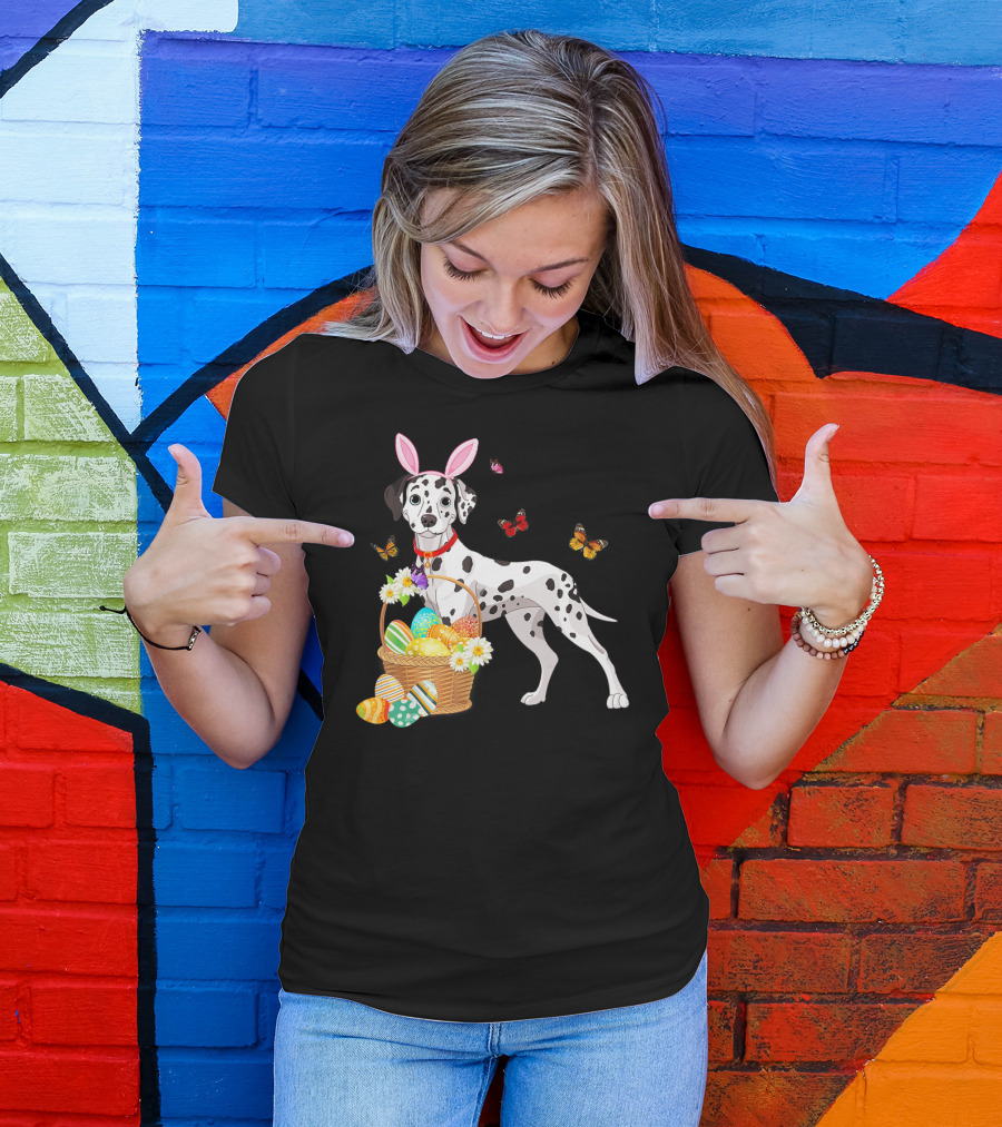 Dalmatian With Bunny Ears Holding Easter Egg Basket And Butterflies T-Shirt