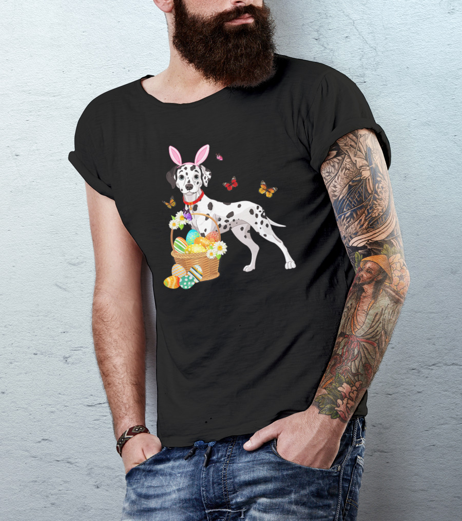Dalmatian With Bunny Ears Holding Easter Egg Basket And Butterflies T-Shirt