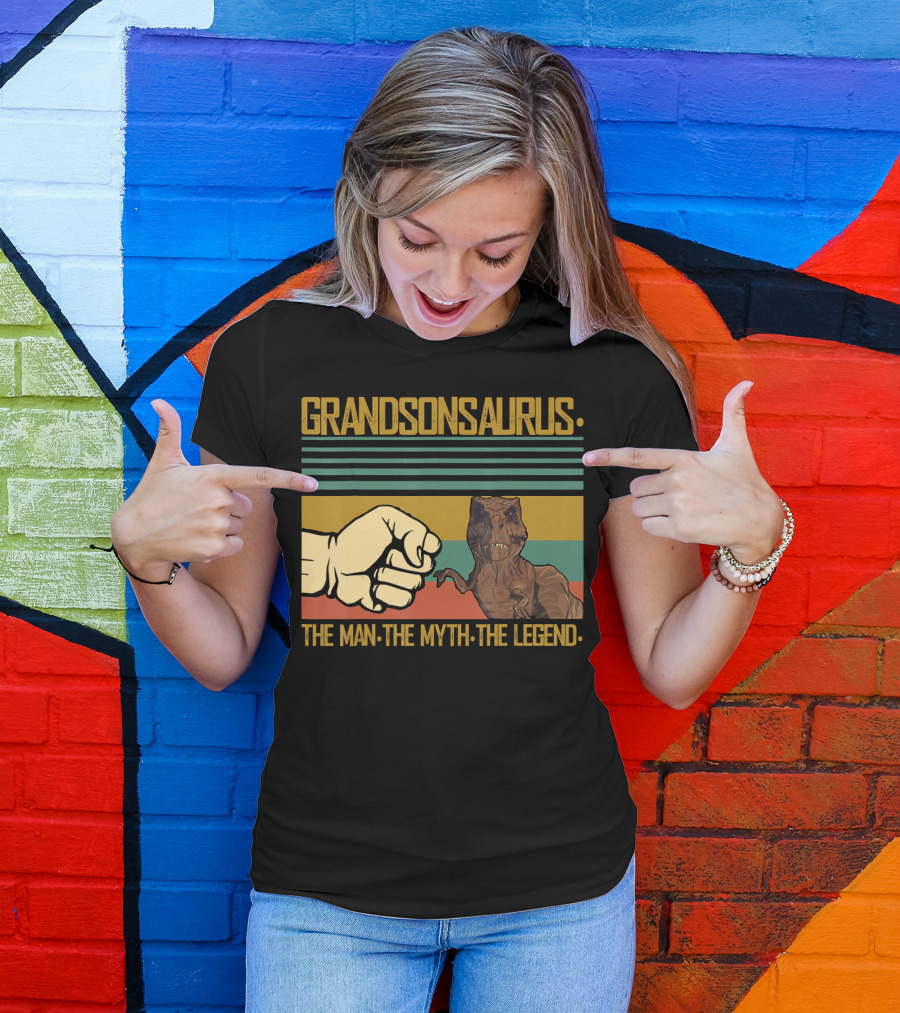 Grandsonsaurus The Man The Myth The Legend Dinosaur Fist Retro Stripes T-Shirt