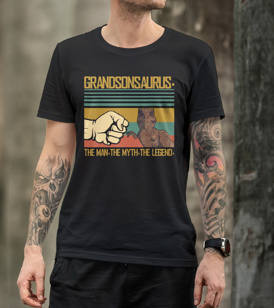 Grandsonsaurus The Man The Myth The Legend Dinosaur Fist Retro Stripes T-Shirt
