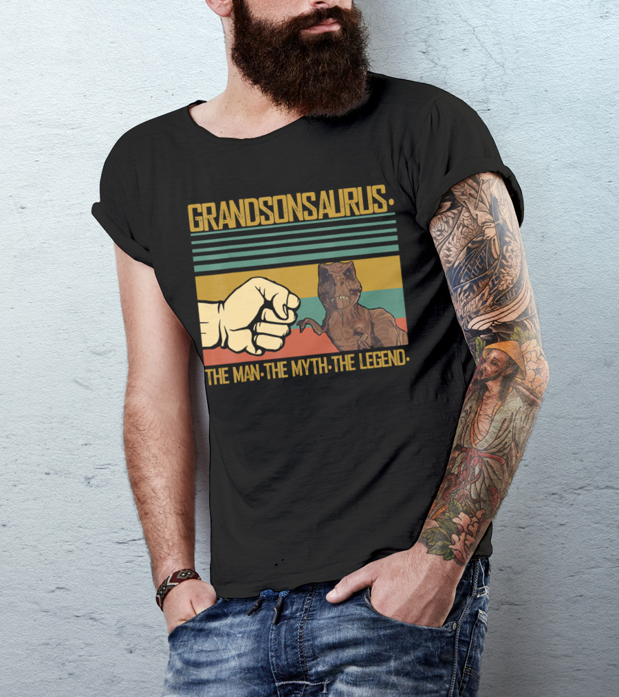 Grandsonsaurus The Man The Myth The Legend Dinosaur Fist Retro Stripes T-Shirt