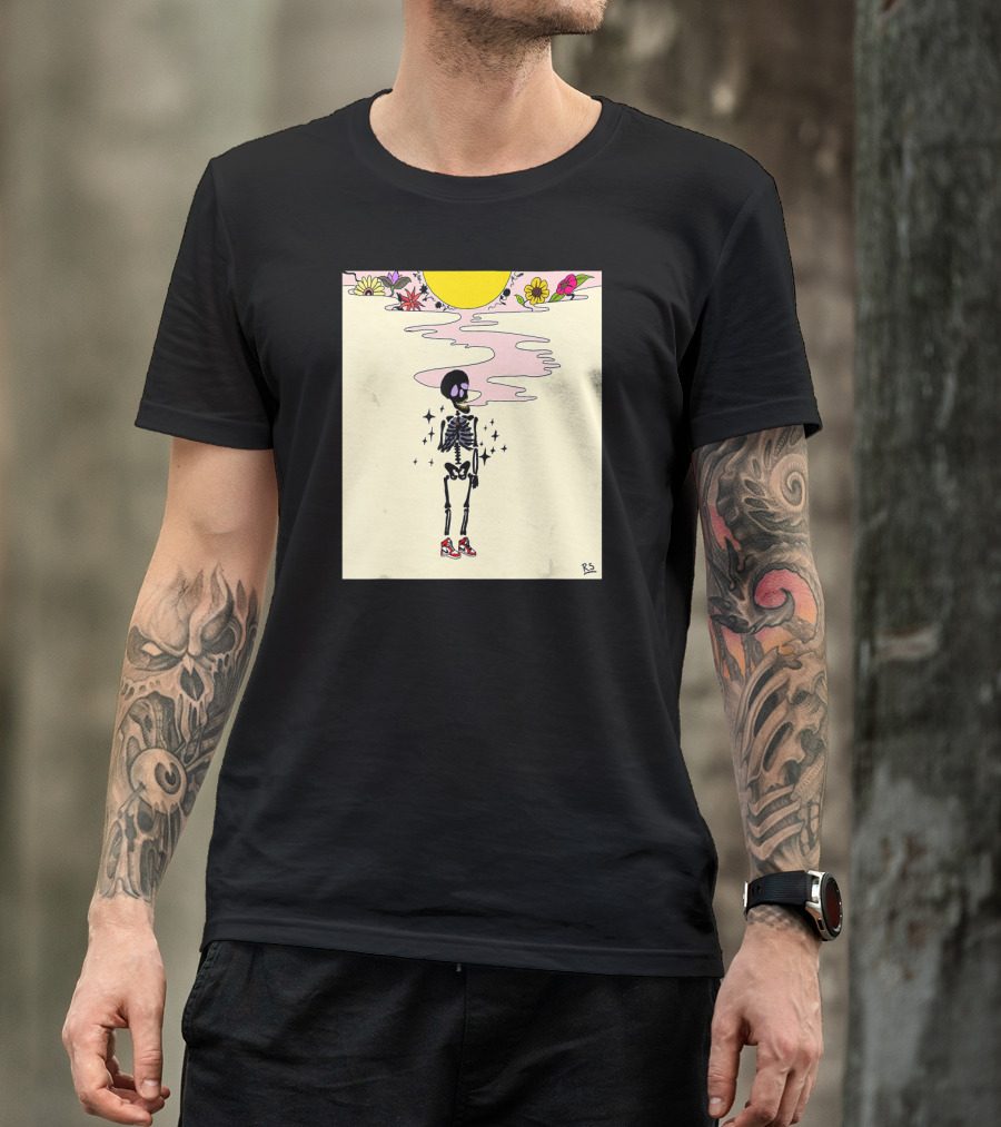 Smoking Skeleton Sun Flowers Sneakers Graphic Fashion T-Shirt