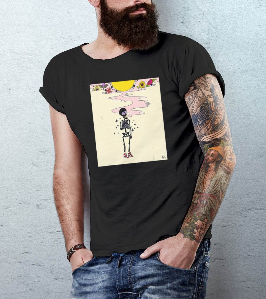 Smoking Skeleton Sun Flowers Sneakers Graphic Fashion T-Shirt
