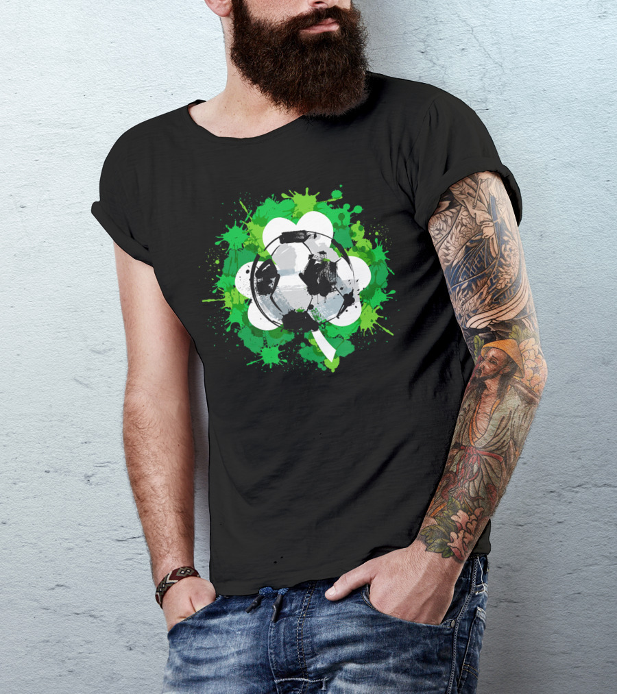 St Patrick's Day Soccer Ball Shamrock Green Splatter T-Shirt