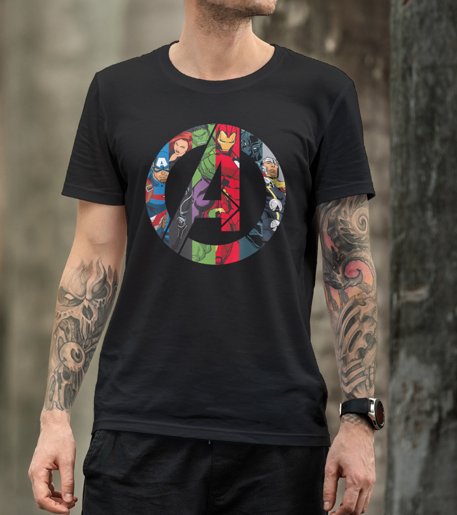 Marvel Avengers A Logo Captain America Black Widow Hulk Iron Man Thor T-Shirt