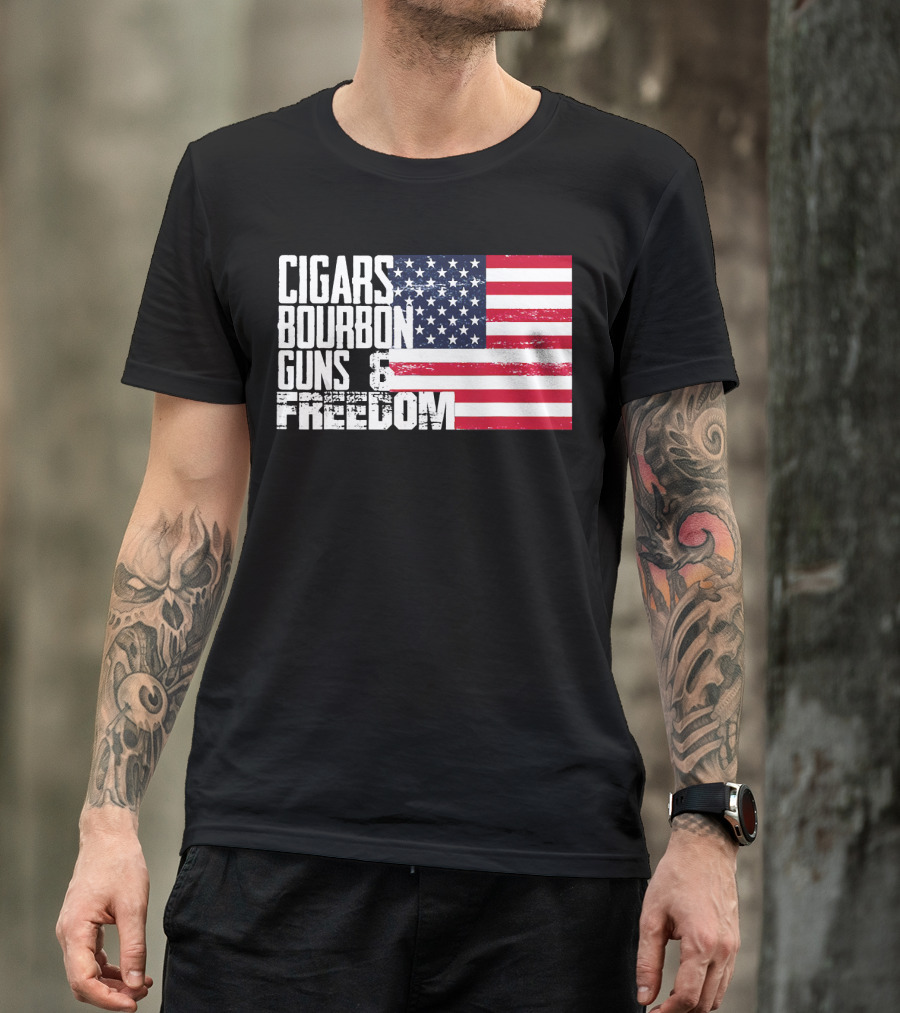 Cigars Bourbon Guns Freedom American Flag T-Shirt