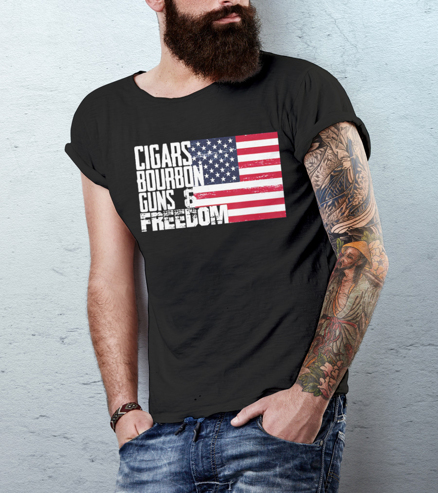 Cigars Bourbon Guns Freedom American Flag T-Shirt