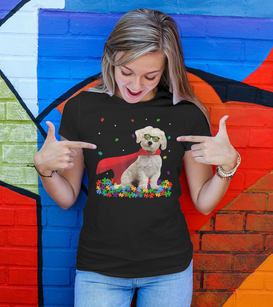 Superhero Maltese Dog Puzzle Pieces Autism Awareness T-Shirt