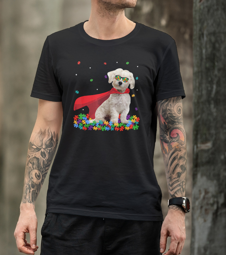 Superhero Maltese Dog Puzzle Pieces Autism Awareness T-Shirt