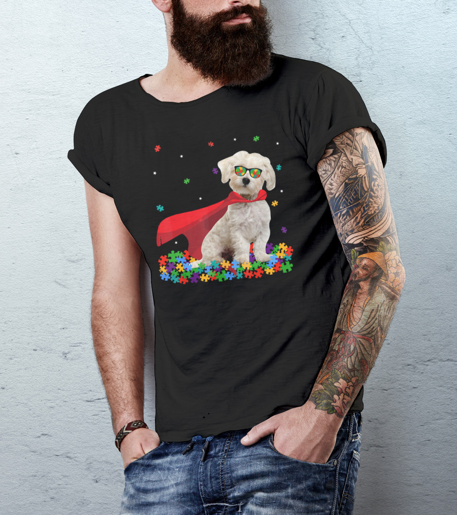 Superhero Maltese Dog Puzzle Pieces Autism Awareness T-Shirt
