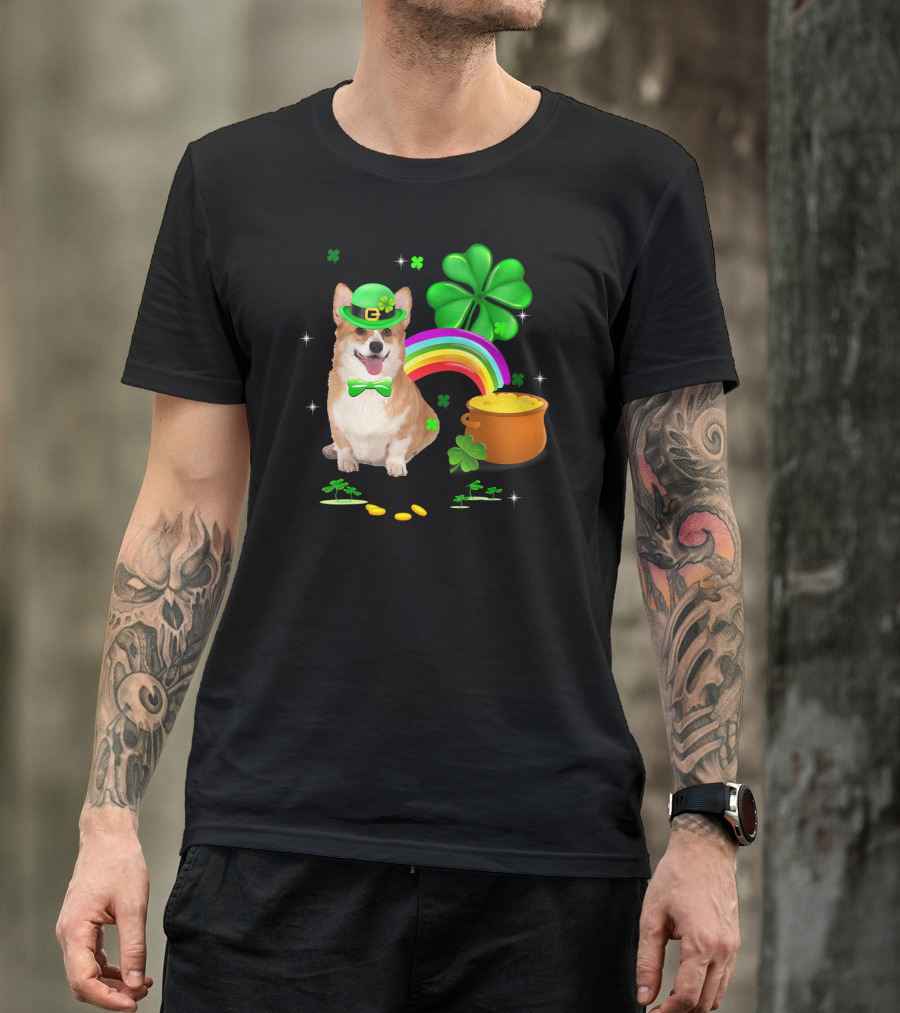 Corgi Dog Shamrock St Patricks Day Leprechaun Rainbow Pot Of Gold T-Shirt